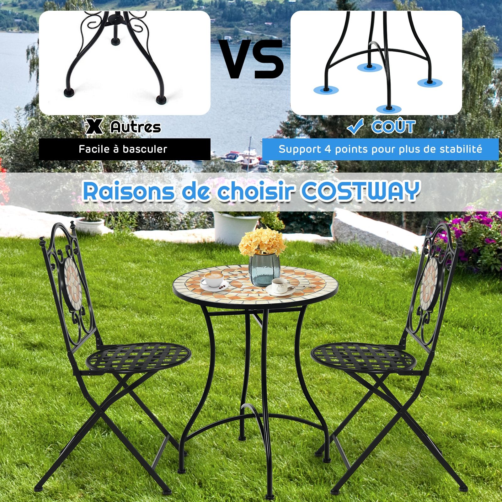 Mosaic Style Garden Table Iron Frame and Anti-Rust Coating for 60 x 60 x 72 CM -
