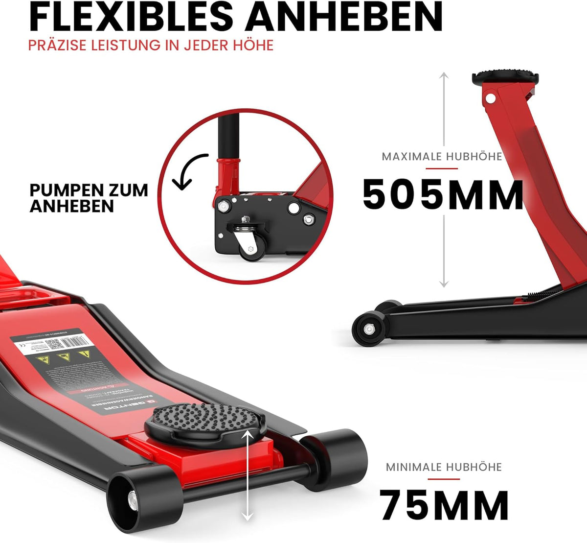 3T Hydraulic Jack - Flat Lifting Height: 75-505 mm - with 2 Rubber Supports - Professional Hydraulic Jack - 360° Lifting Casters, GTWH3000