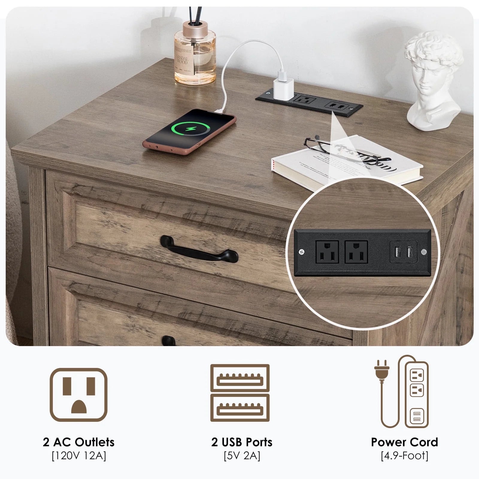 Hommpa Farmhouse 3 Drawers Nightstand with Charging Station, Rustic Wood Night Stand with Drawers for - Product image 14
