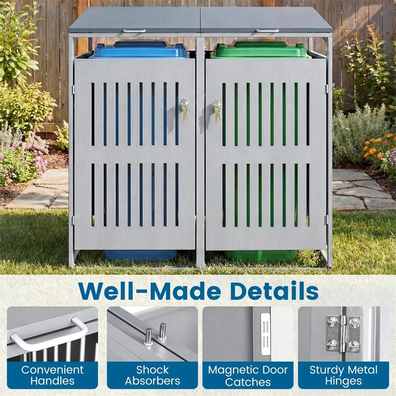 44 Cu.Ft Outdoor Trash Can Storage Shed for 2 Bins, Metal Garbage Can Organizer with Gas Struts, Shock Absorbers, Lockable Doors & Slant-Roof