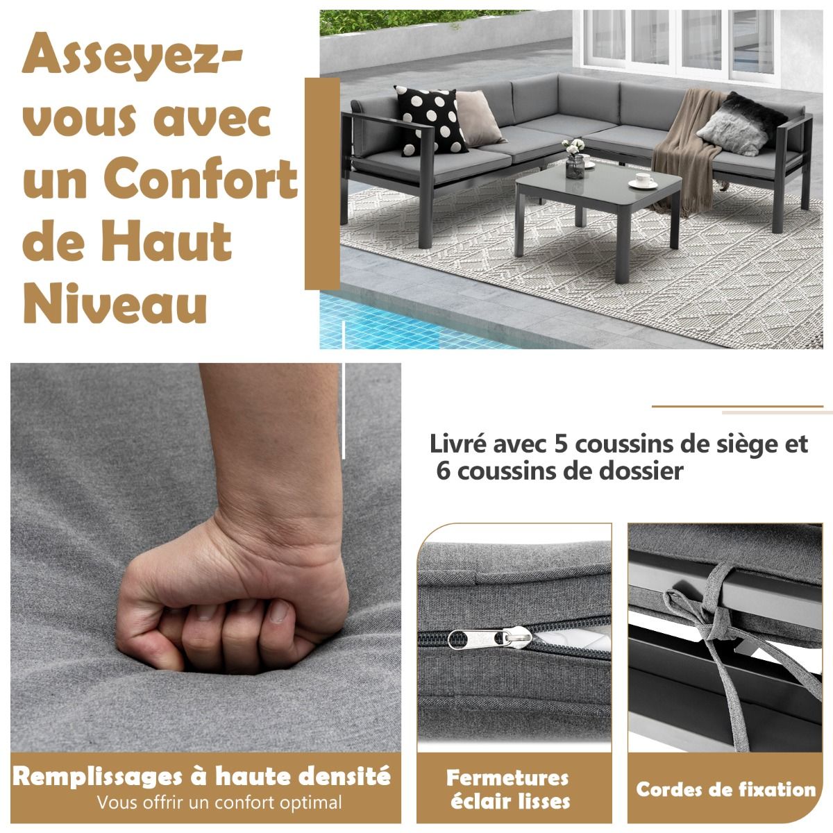 Outdoor Garden Furniture with Tempered Glass Coffee Table Sofa with 6-Level Reclining Backrest Cushions Included Gray -