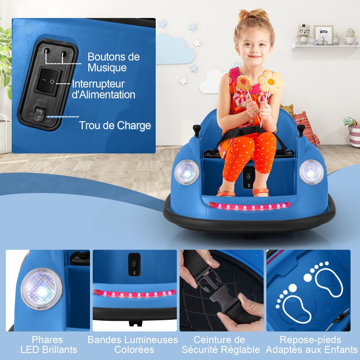 12V Electric Bumper Car for Kids Battery Powered Remote Control LED Lights Music for Ages 2-5 Pink/Red/Blue -
