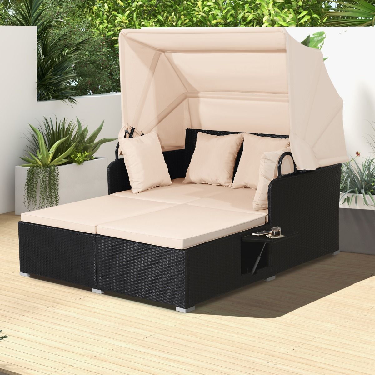 2-Seater Rattan Lounge Chair with Retractable Sun Lounger Awning with Foldable Side Panels Load 360KG Beige/Grey -