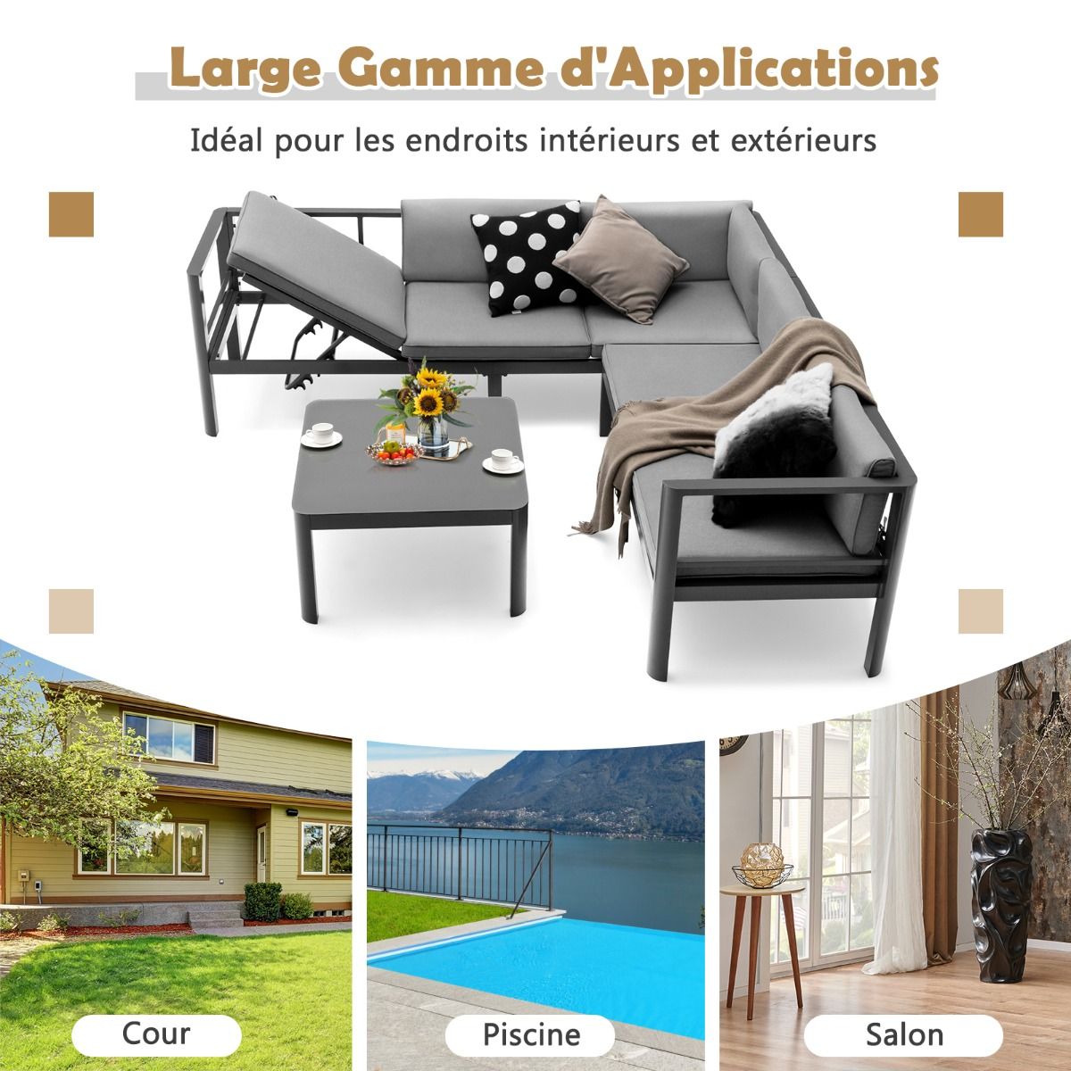 Outdoor Garden Furniture with Tempered Glass Coffee Table Sofa with 6-Level Reclining Backrest Cushions Included Gray -