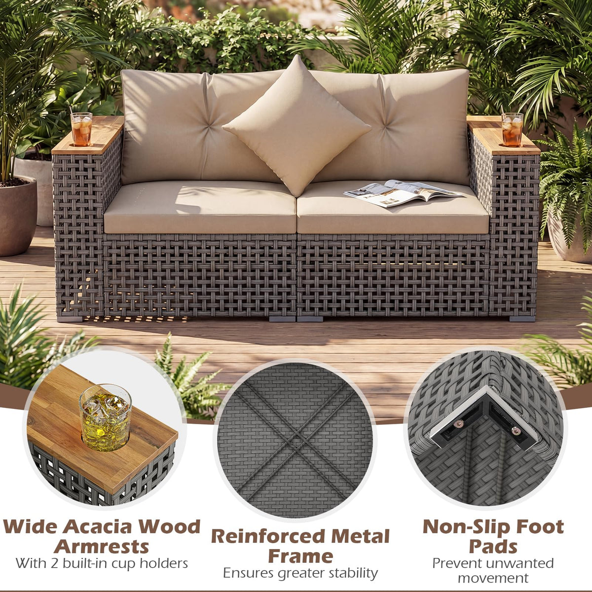 Tangkula 62.5" Large Patio Wicker Loveseat with Acacia Wood Armrests & Cup Holders - Product image 8