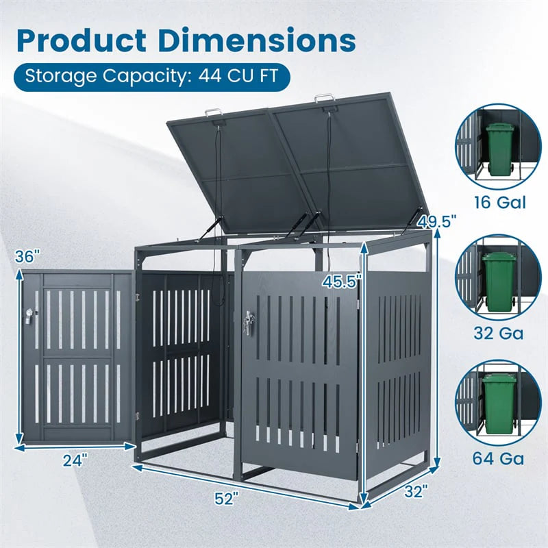 44 Cu.Ft Outdoor Trash Can Storage Shed for 2 Bins, Metal Garbage Can Organizer with Gas Struts, Shock Absorbers, Lockable Doors & Slant-Roof