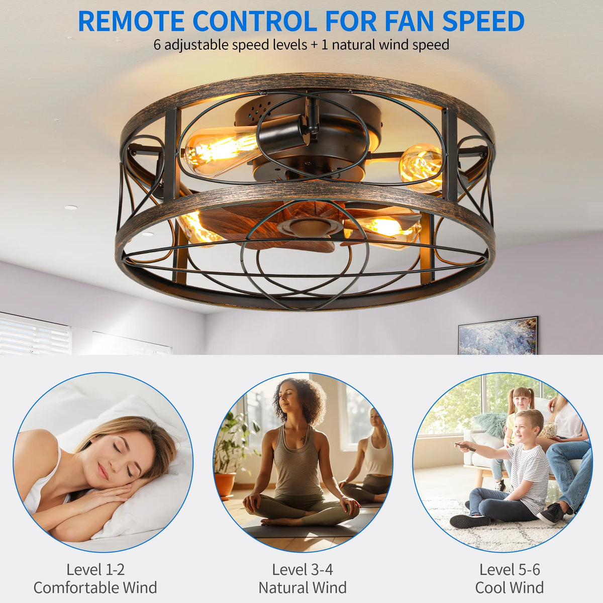 Dextrus 20" Caged Ceiling Fan with Lights and Remote Control, Rustic Farmhouse Flush Mount Design with - Product image 4