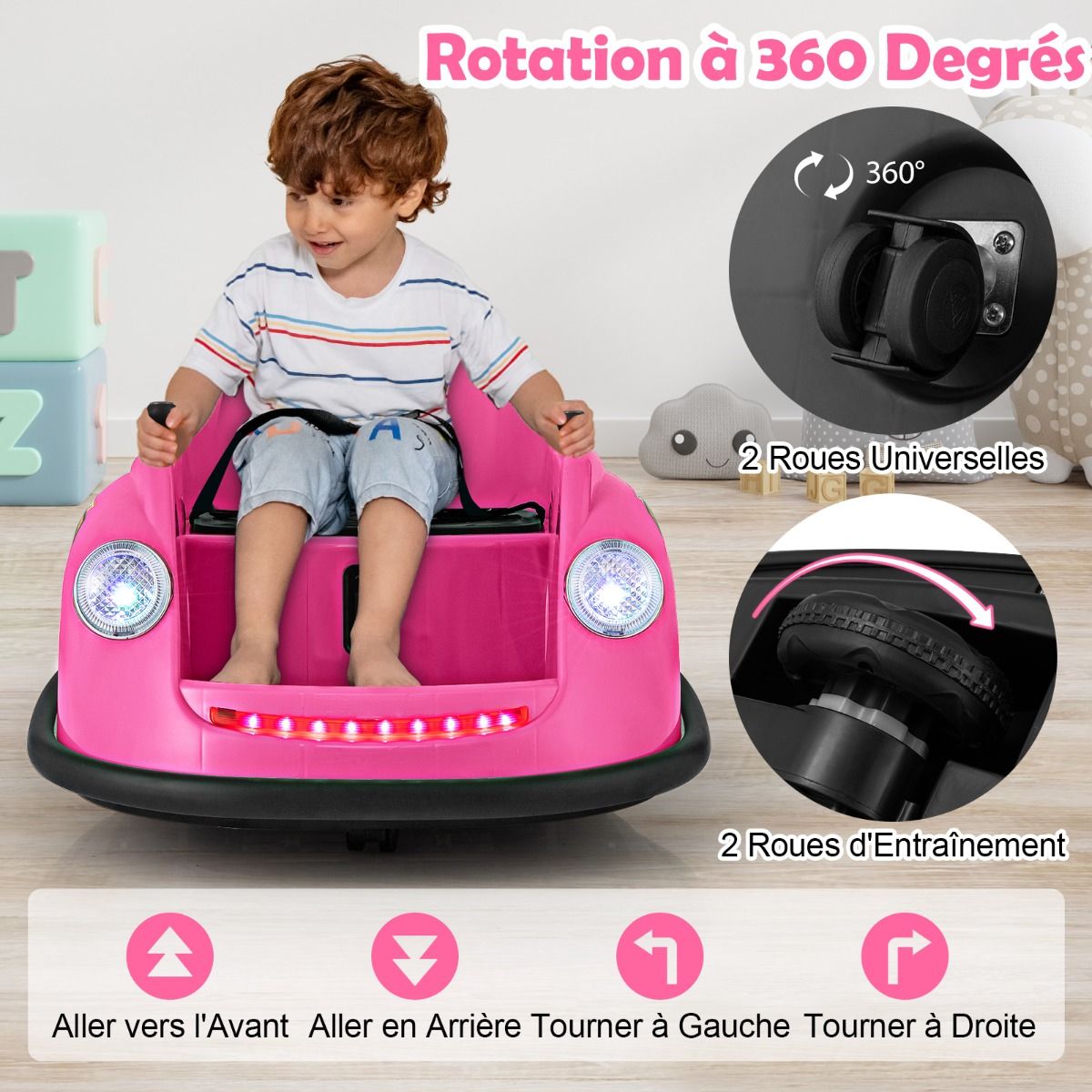 12V Electric Bumper Car for Kids Battery Powered Remote Control LED Lights Music for Ages 2-5 Pink/Red/Blue -