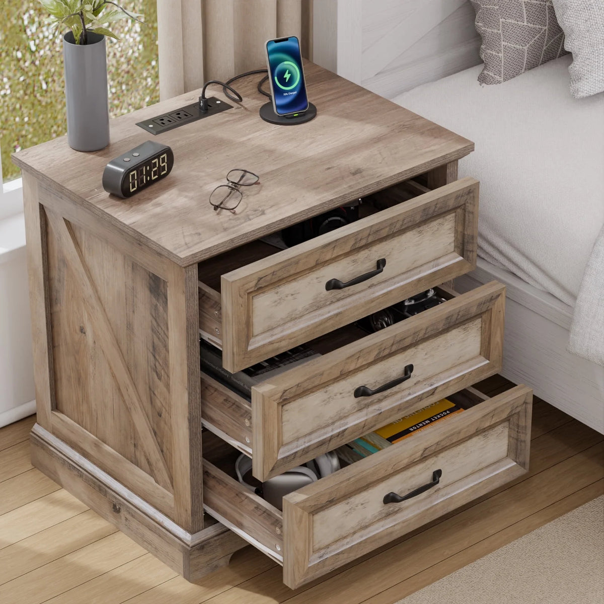 Hommpa Farmhouse 3 Drawers Nightstand with Charging Station, Rustic Wood Night Stand with Drawers for - Product image 21