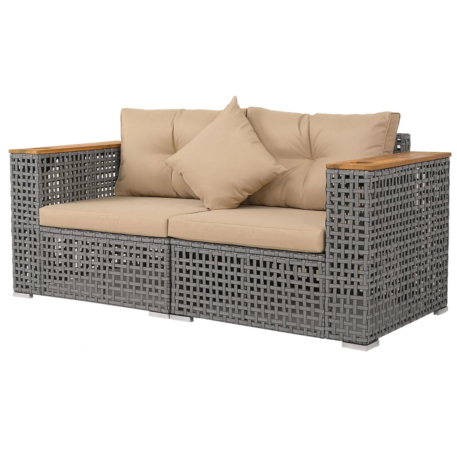 Tangkula 62.5" Large Patio Wicker Loveseat with Acacia Wood Armrests & Cup Holders - Product image 1