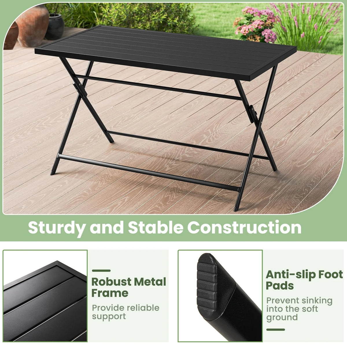 Tangkula Foldable Outdoor Dining Table 48inch x 30inch Rectangular Metal Patio Table with Slatted Tabletop