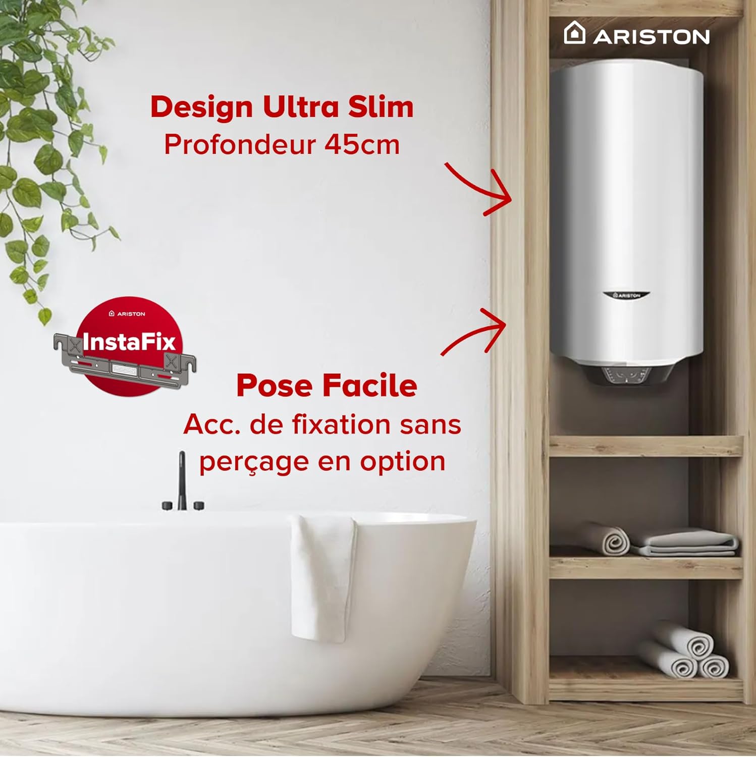 Ariston PRO1 ECO 80L - Vertical Wall-Mounted Electric Water Heater Ø450 mm - Intelligent ECO Function - Class B - Designed and manufactured to be installed in France
