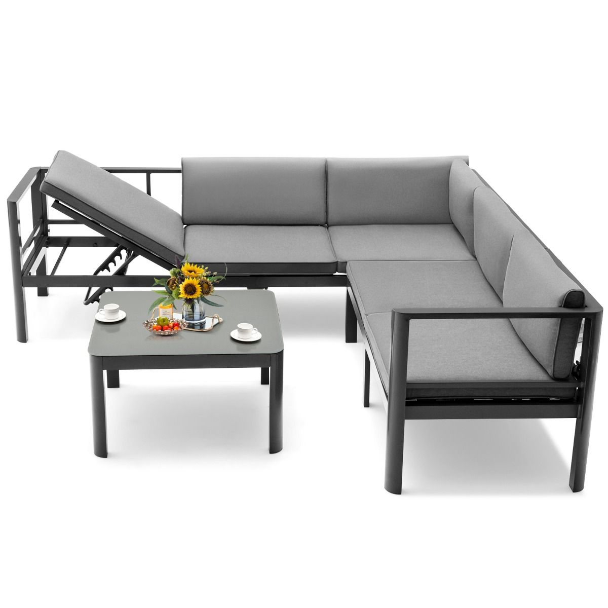 Outdoor Garden Furniture with Tempered Glass Coffee Table Sofa with 6-Level Reclining Backrest Cushions Included Gray -
