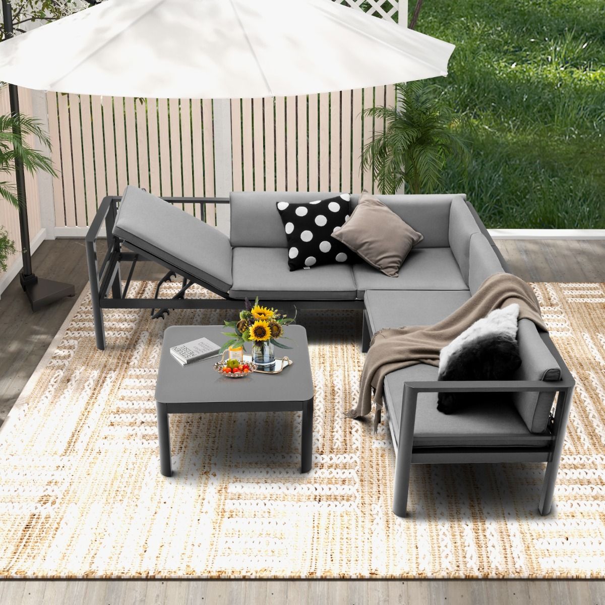 Outdoor Garden Furniture with Tempered Glass Coffee Table Sofa with 6-Level Reclining Backrest Cushions Included Gray -