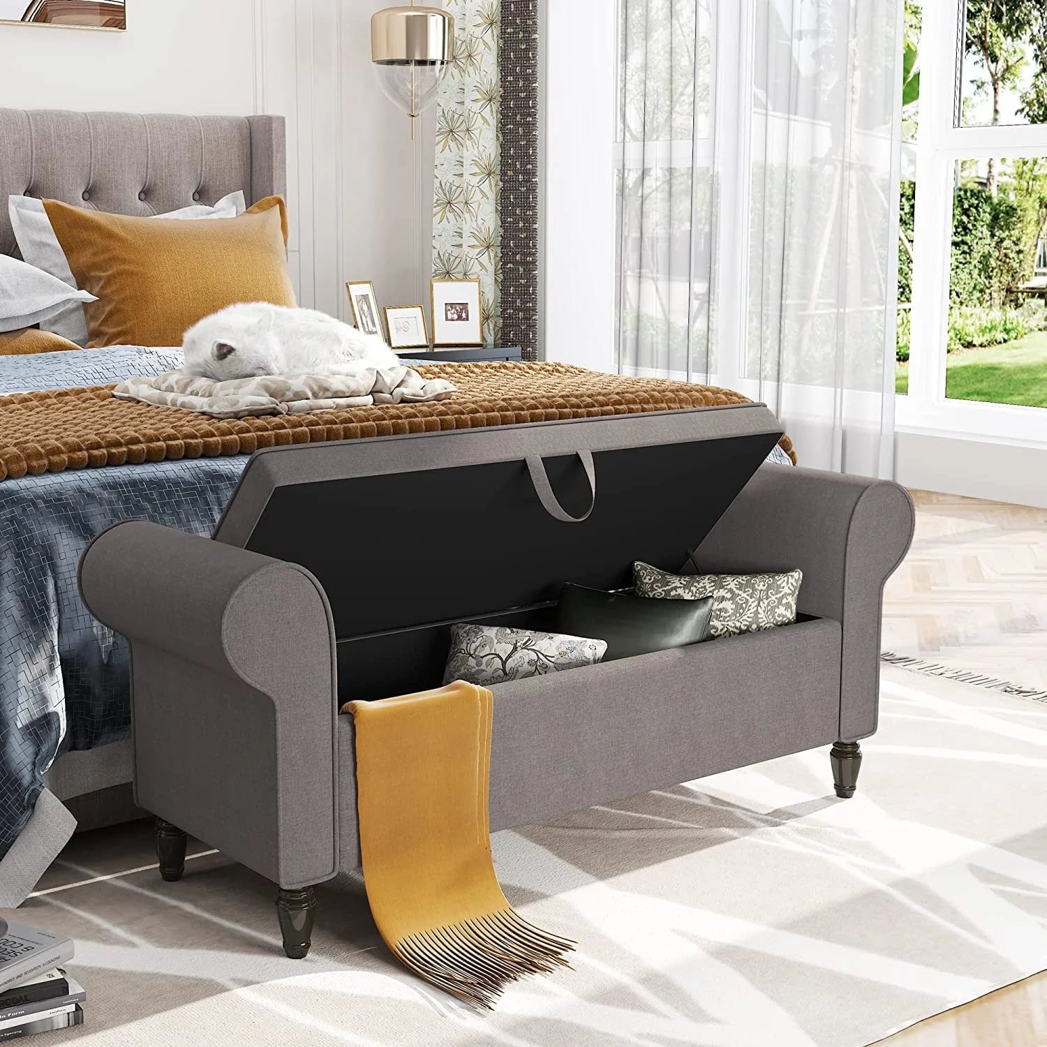 Andeworld Storage Bench with Arms Upholstered Bench Settee for Bedroom Living Room Gray - Product image 4