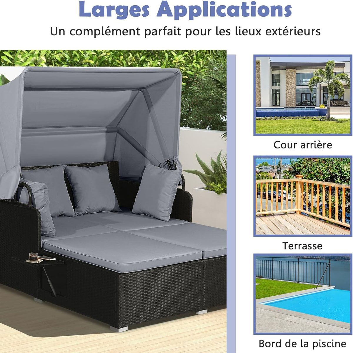 2-Seater Rattan Lounge Chair with Retractable Sun Lounger Awning with Foldable Side Panels Load 360KG Beige/Grey -