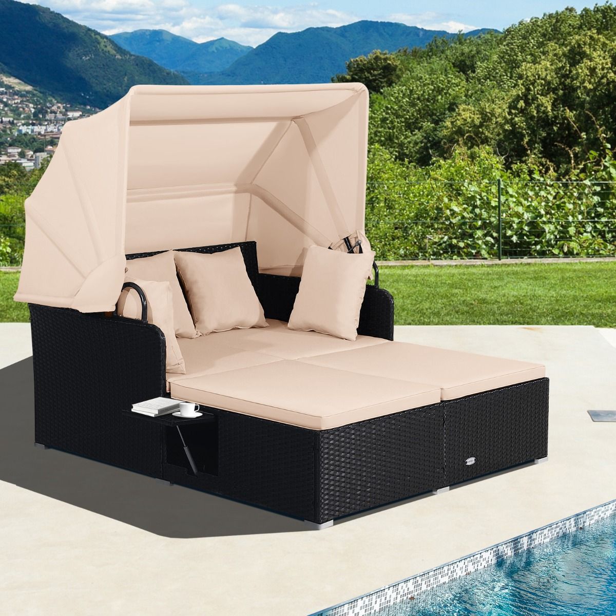 2-Seater Rattan Lounge Chair with Retractable Sun Lounger Awning with Foldable Side Panels Load 360KG Beige/Grey -