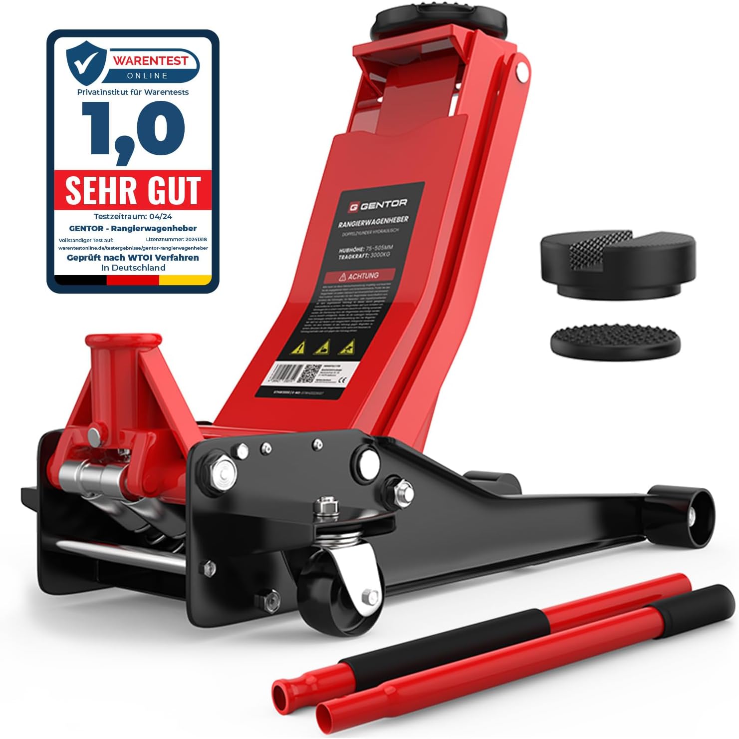 3T Hydraulic Jack - Flat Lifting Height: 75-505 mm - with 2 Rubber Supports - Professional Hydraulic Jack - 360° Lifting Casters, GTWH3000