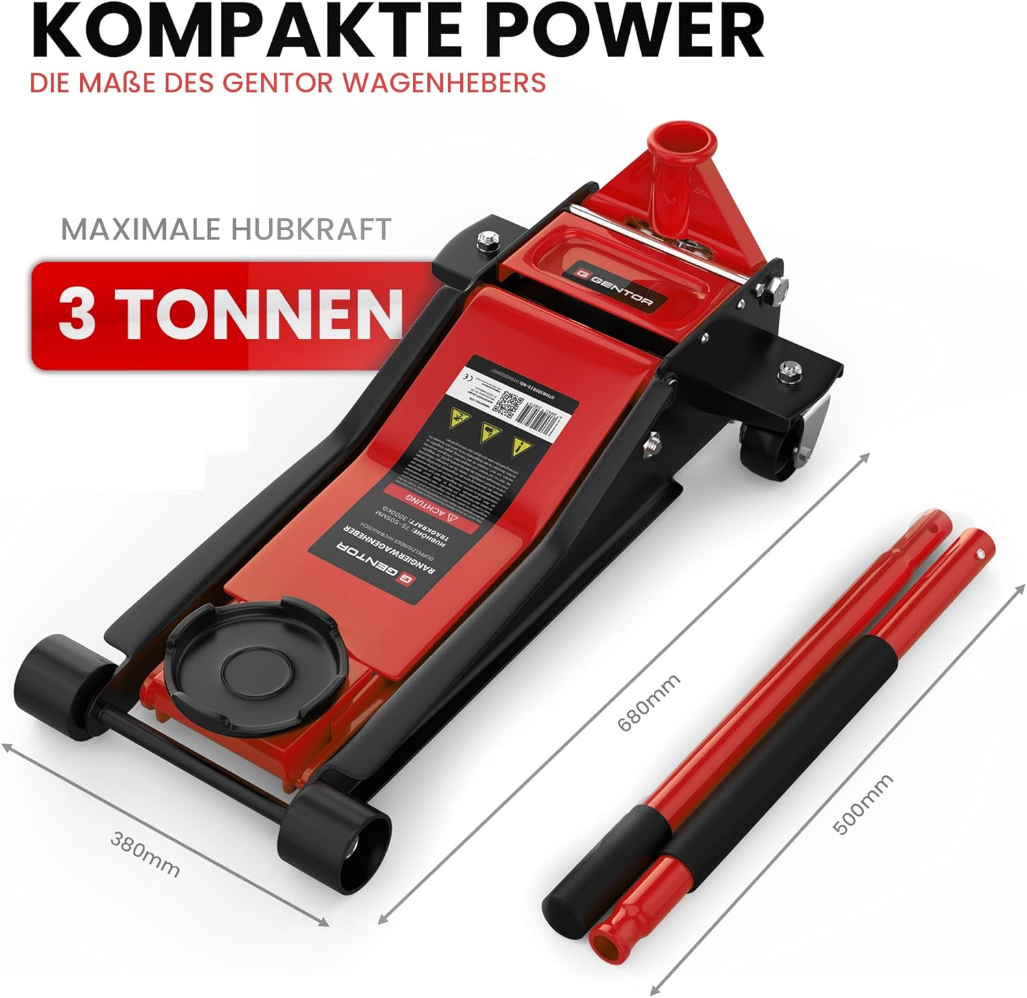 3T Hydraulic Jack - Flat Lifting Height: 75-505 mm - with 2 Rubber Supports - Professional Hydraulic Jack - 360° Lifting Casters, GTWH3000
