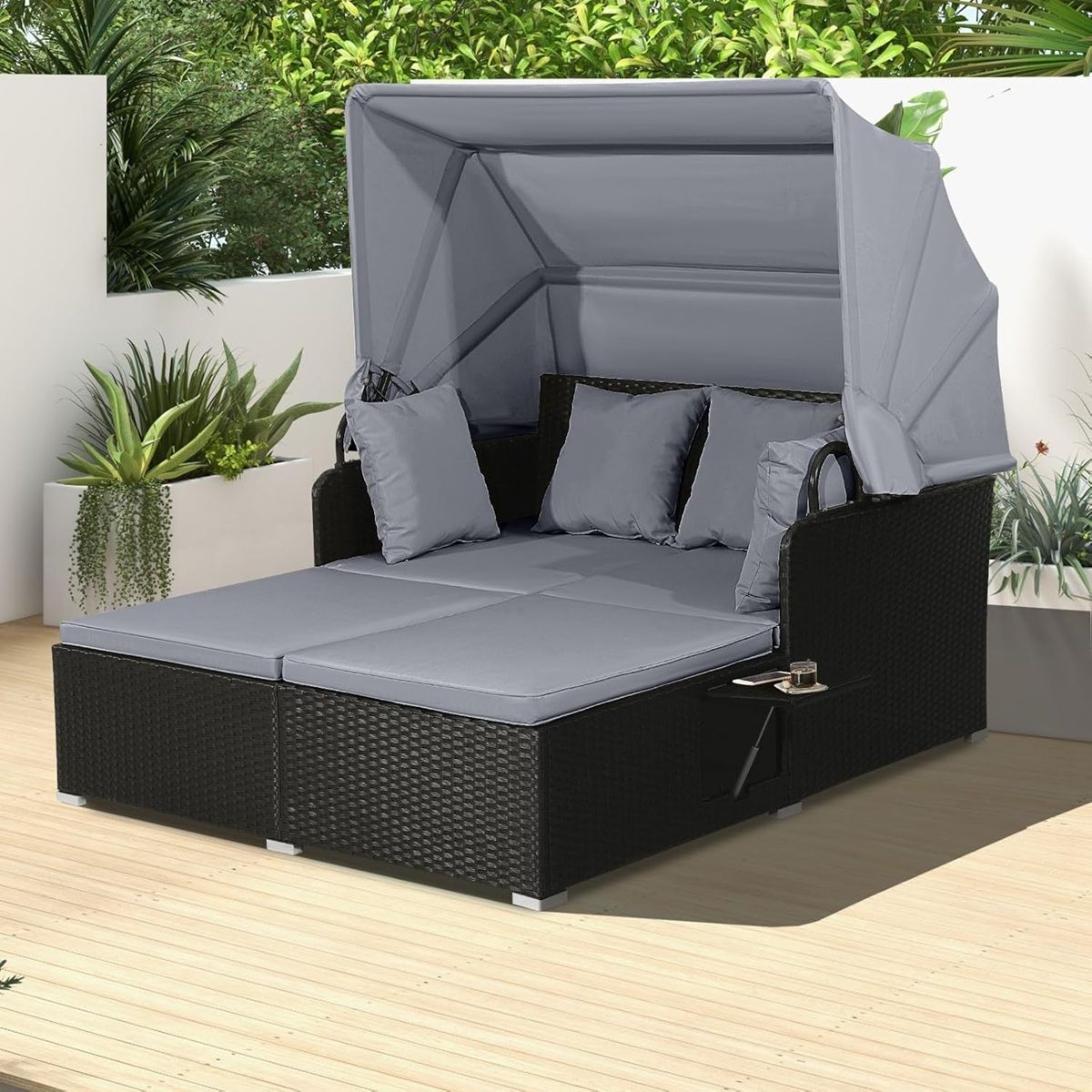 2-Seater Rattan Lounge Chair with Retractable Sun Lounger Awning with Foldable Side Panels Load 360KG Beige/Grey -
