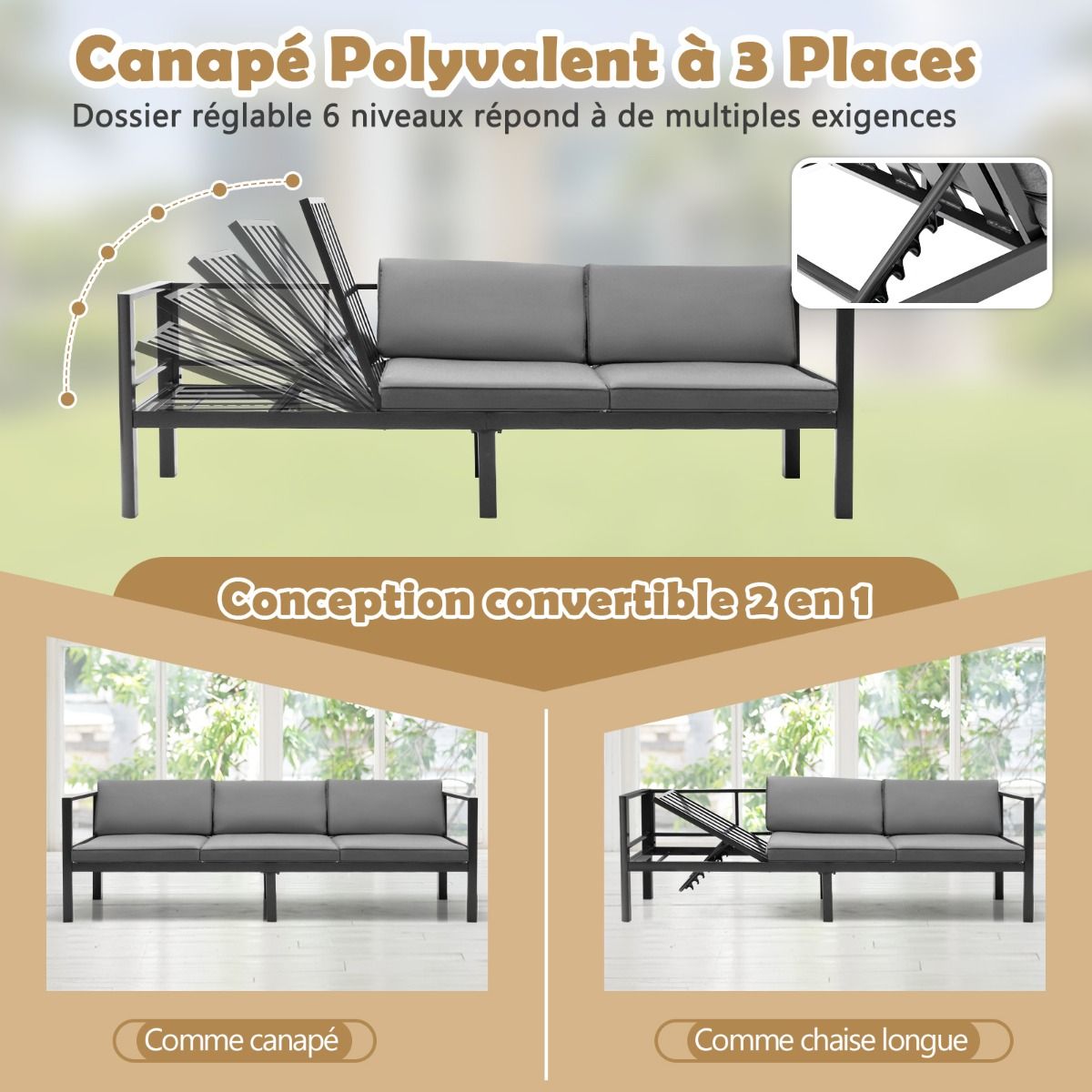 Outdoor Garden Furniture with Tempered Glass Coffee Table Sofa with 6-Level Reclining Backrest Cushions Included Gray -