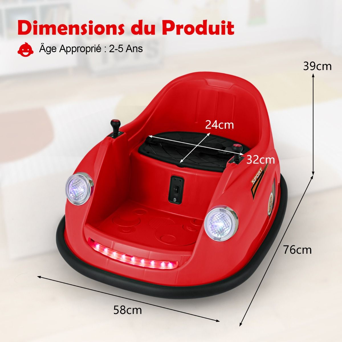 12V Electric Bumper Car for Kids Battery Powered Remote Control LED Lights Music for Ages 2-5 Pink/Red/Blue -