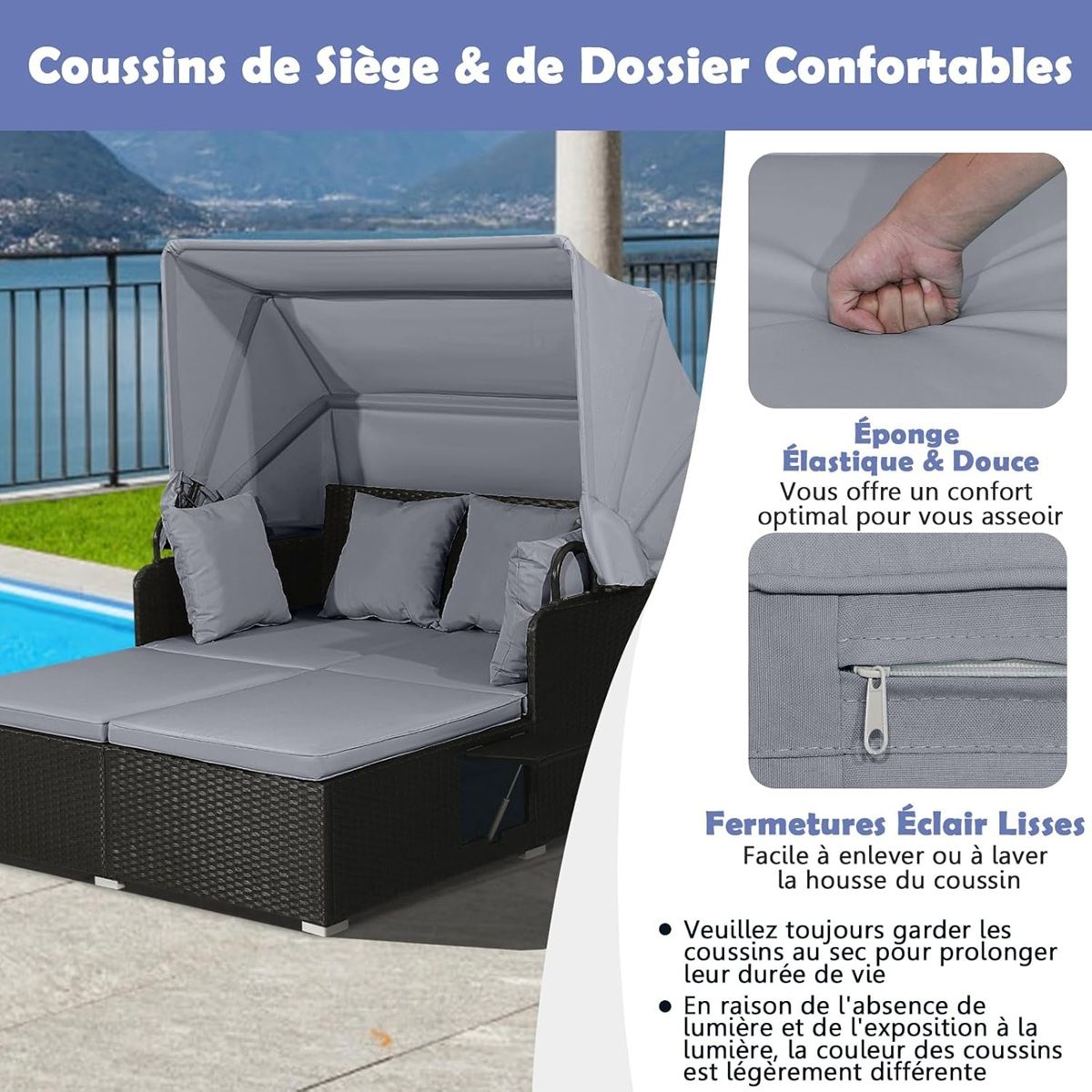 2-Seater Rattan Lounge Chair with Retractable Sun Lounger Awning with Foldable Side Panels Load 360KG Beige/Grey -