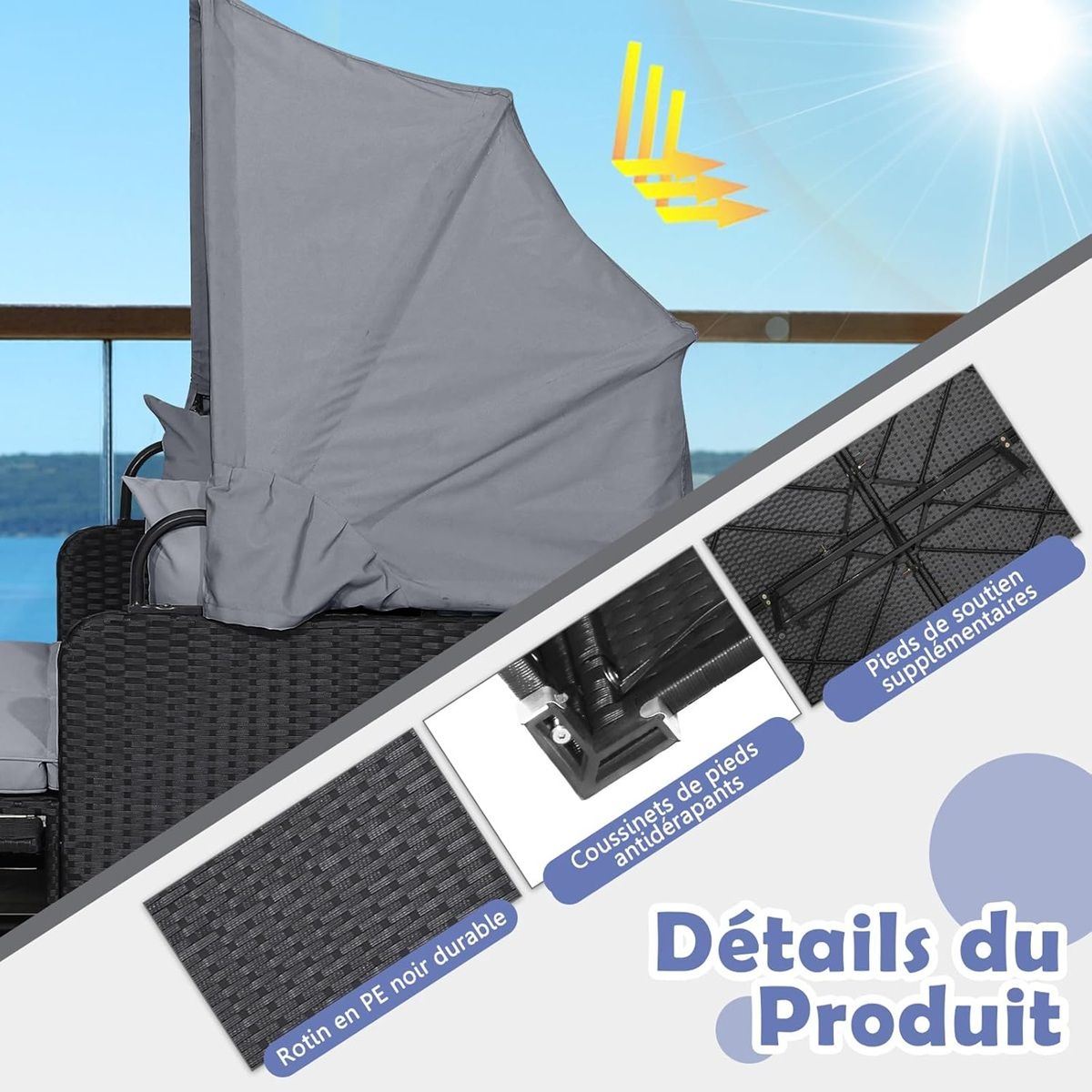 2-Seater Rattan Lounge Chair with Retractable Sun Lounger Awning with Foldable Side Panels Load 360KG Beige/Grey -