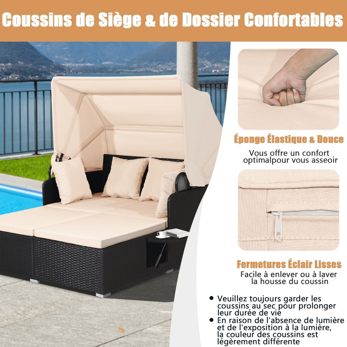 2-Seater Rattan Lounge Chair with Retractable Sun Lounger Awning with Foldable Side Panels Load 360KG Beige/Grey -