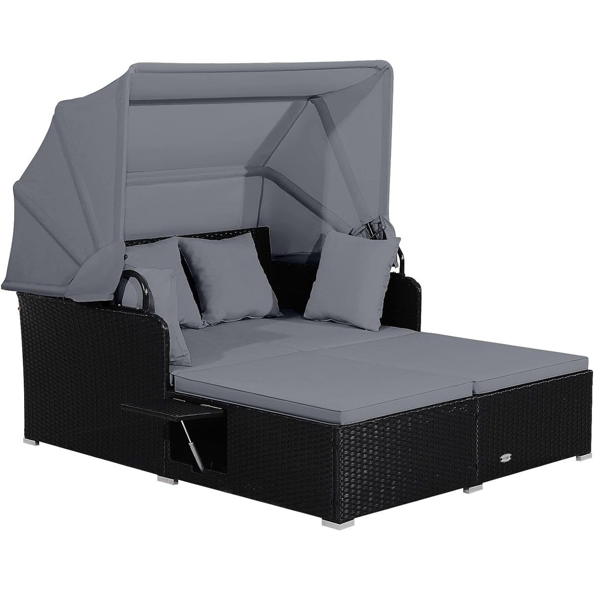 2-Seater Rattan Lounge Chair with Retractable Sun Lounger Awning with Foldable Side Panels Load 360KG Beige/Grey -