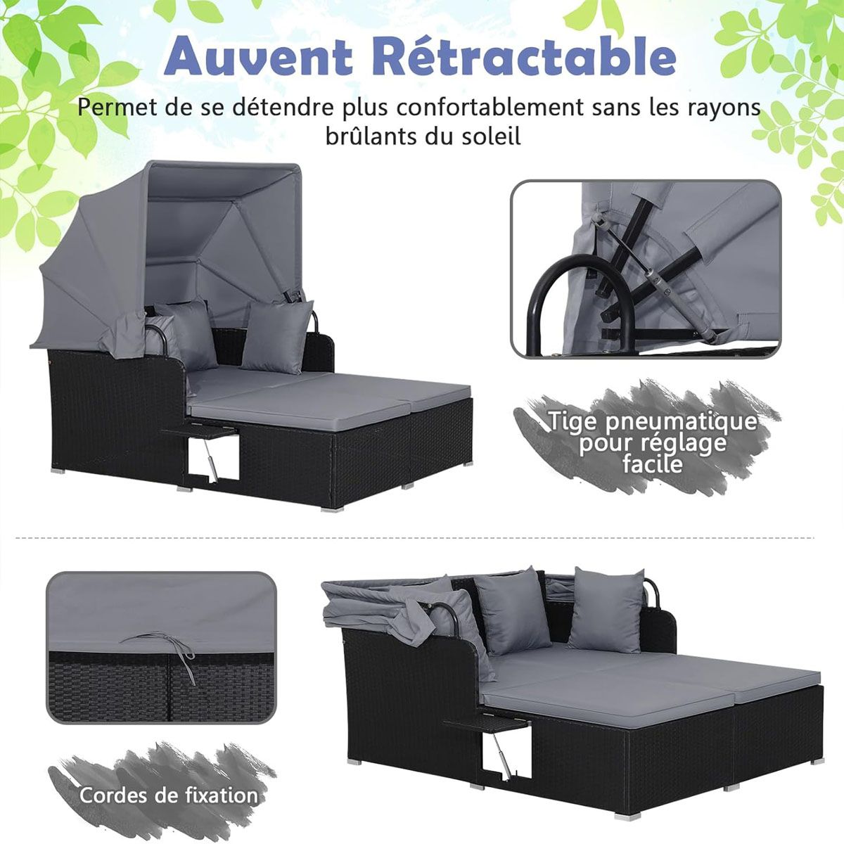 2-Seater Rattan Lounge Chair with Retractable Sun Lounger Awning with Foldable Side Panels Load 360KG Beige/Grey -