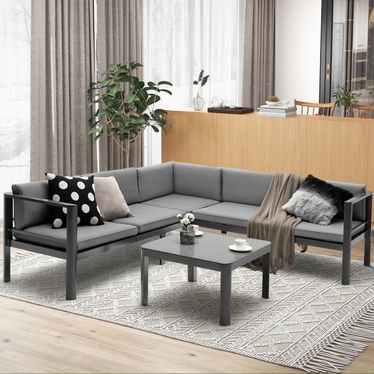 Outdoor Garden Furniture with Tempered Glass Coffee Table Sofa with 6-Level Reclining Backrest Cushions Included Gray -