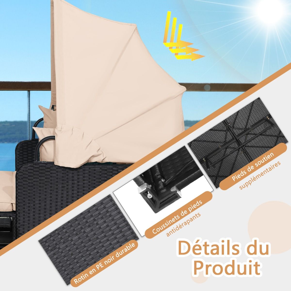 2-Seater Rattan Lounge Chair with Retractable Sun Lounger Awning with Foldable Side Panels Load 360KG Beige/Grey -