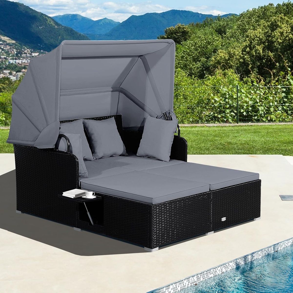 2-Seater Rattan Lounge Chair with Retractable Sun Lounger Awning with Foldable Side Panels Load 360KG Beige/Grey -