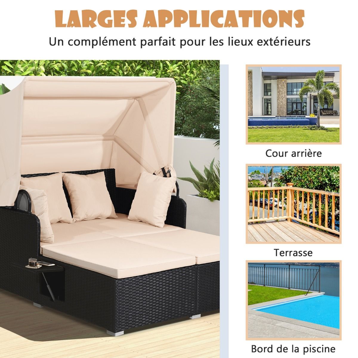 2-Seater Rattan Lounge Chair with Retractable Sun Lounger Awning with Foldable Side Panels Load 360KG Beige/Grey -
