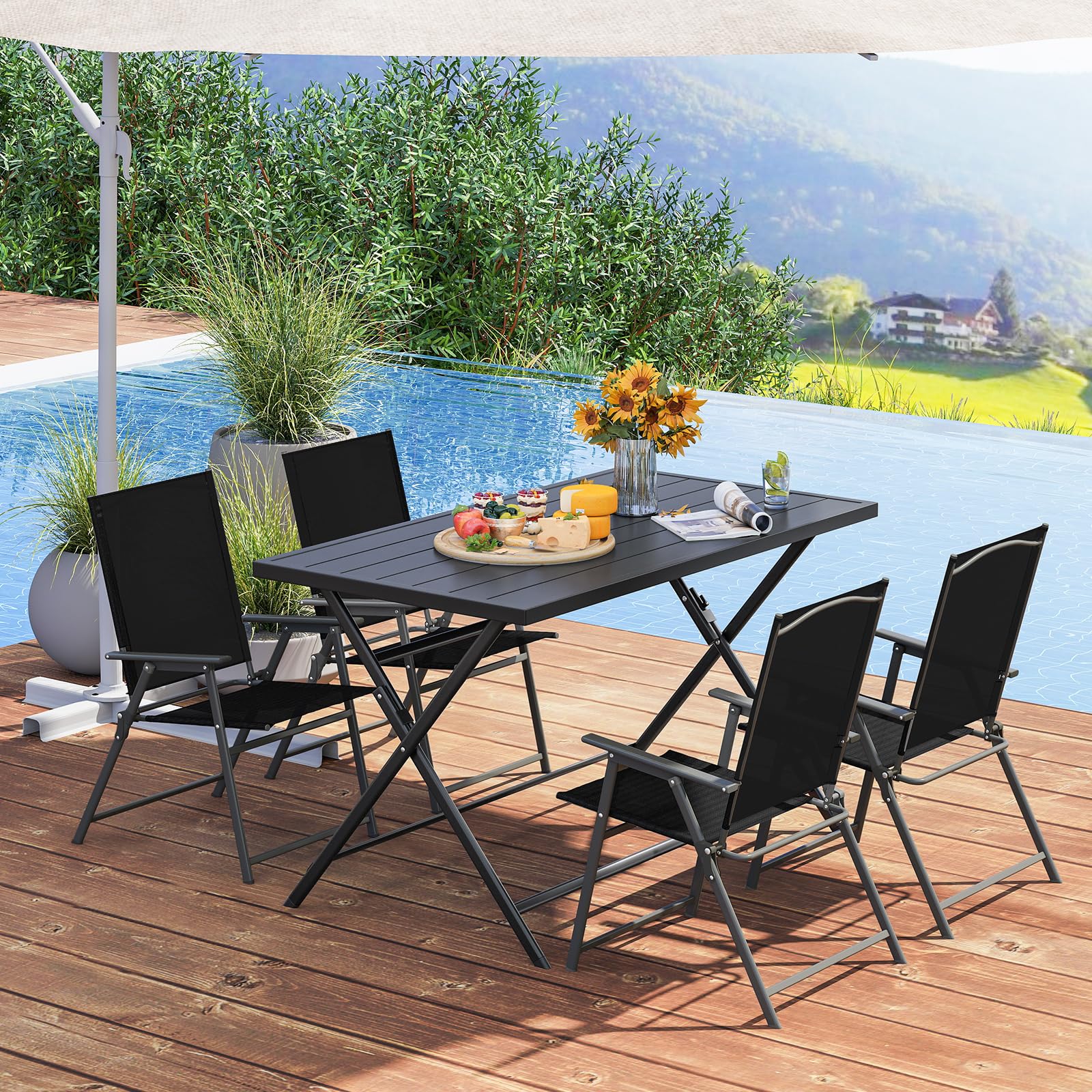 Tangkula Foldable Outdoor Dining Table 48inch x 30inch Rectangular Metal Patio Table with Slatted Tabletop
