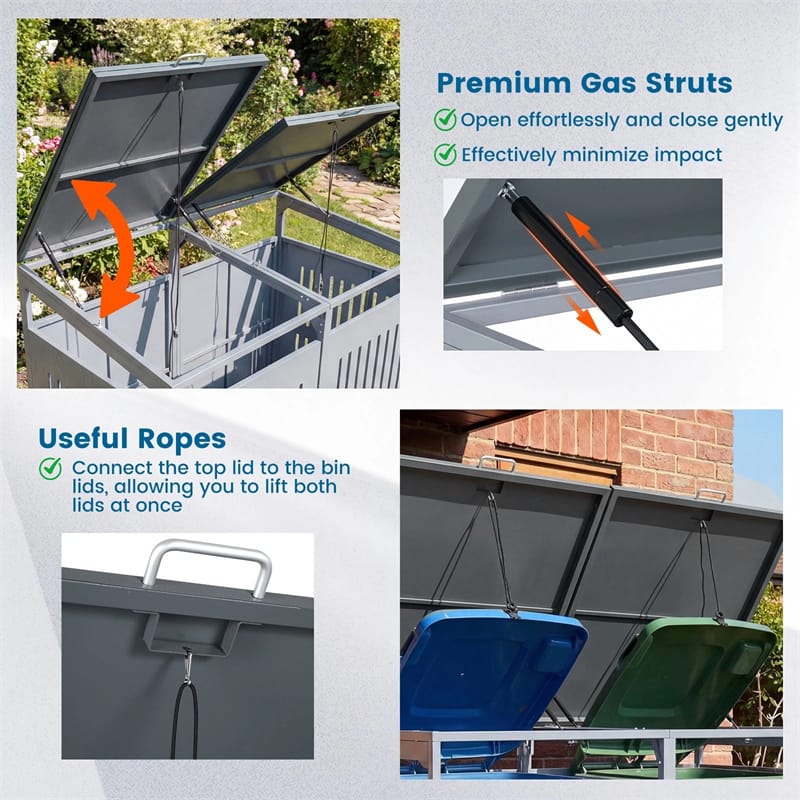 44 Cu.Ft Outdoor Trash Can Storage Shed for 2 Bins, Metal Garbage Can Organizer with Gas Struts, Shock Absorbers, Lockable Doors & Slant-Roof