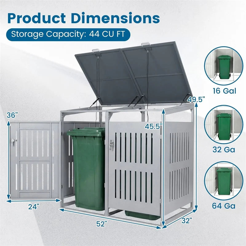 44 Cu.Ft Outdoor Trash Can Storage Shed for 2 Bins, Metal Garbage Can Organizer with Gas Struts, Shock Absorbers, Lockable Doors & Slant-Roof