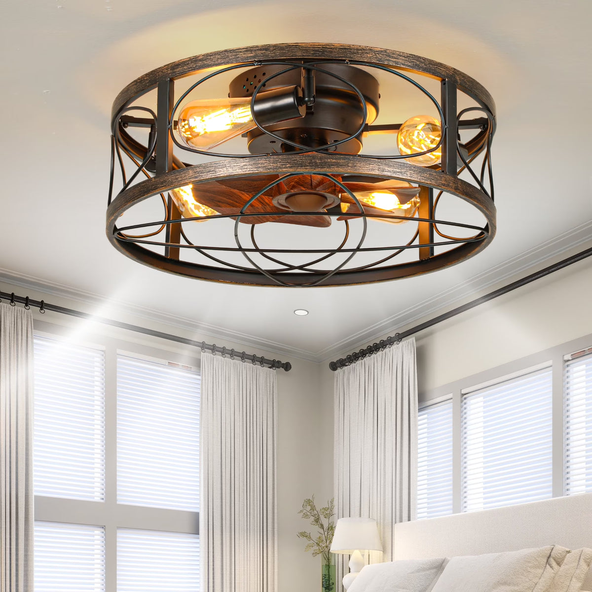 Dextrus 20" Caged Ceiling Fan with Lights and Remote Control, Rustic Farmhouse Flush Mount Design with - Product image 1