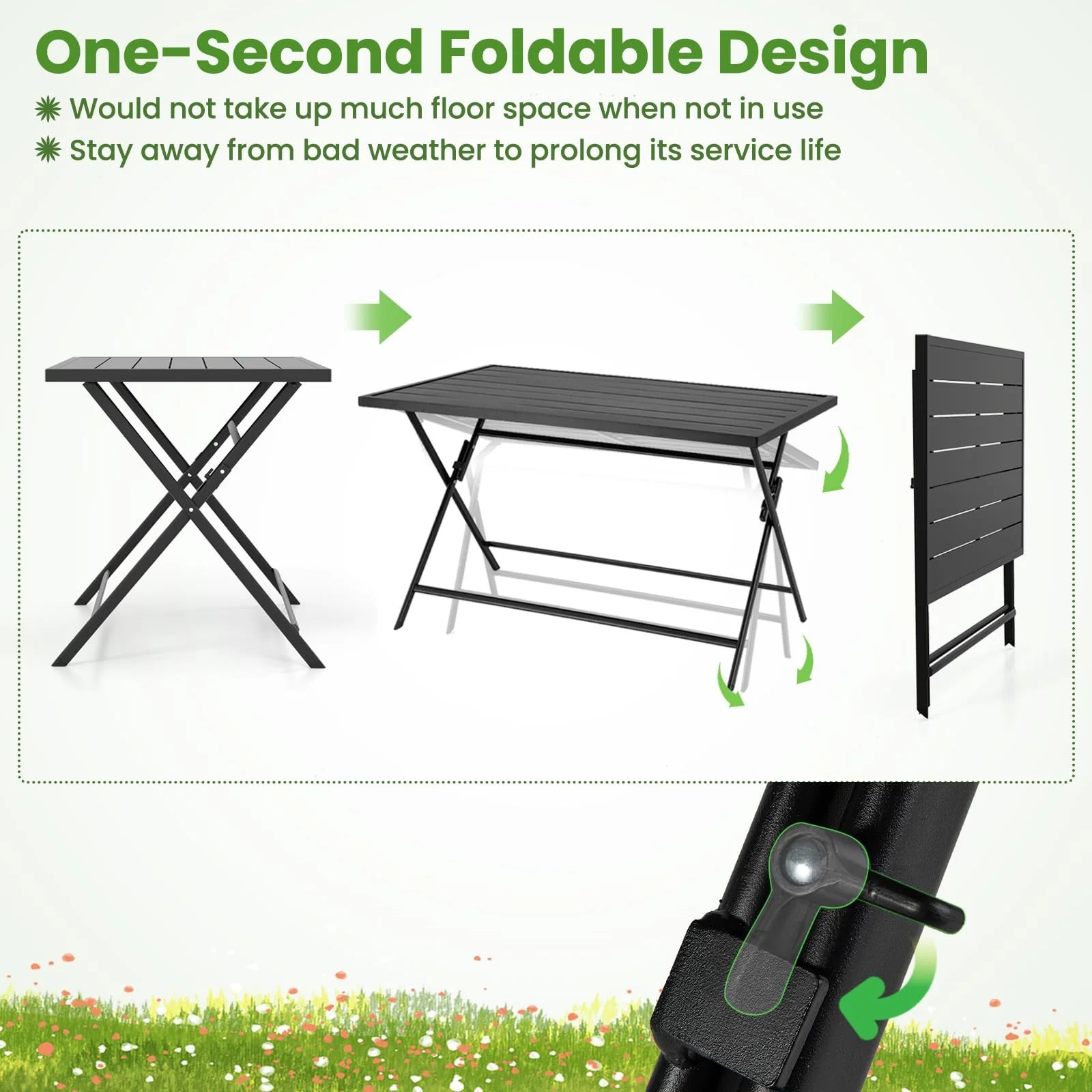 Tangkula Foldable Outdoor Dining Table 48inch x 30inch Rectangular Metal Patio Table with Slatted Tabletop
