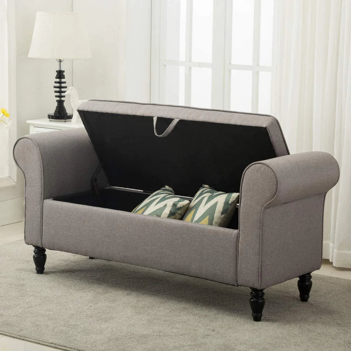 Andeworld Storage Bench with Arms Upholstered Bench Settee for Bedroom Living Room Gray - Product image 1