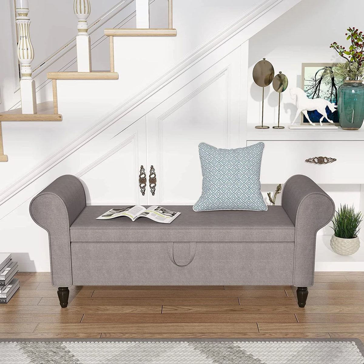 Andeworld Storage Bench with Arms Upholstered Bench Settee for Bedroom Living Room Gray - Product image 2