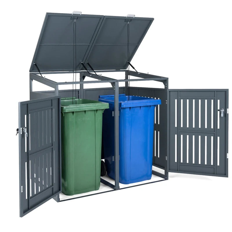 44 Cu.Ft Outdoor Trash Can Storage Shed for 2 Bins, Metal Garbage Can Organizer with Gas Struts, Shock Absorbers, Lockable Doors & Slant-Roof