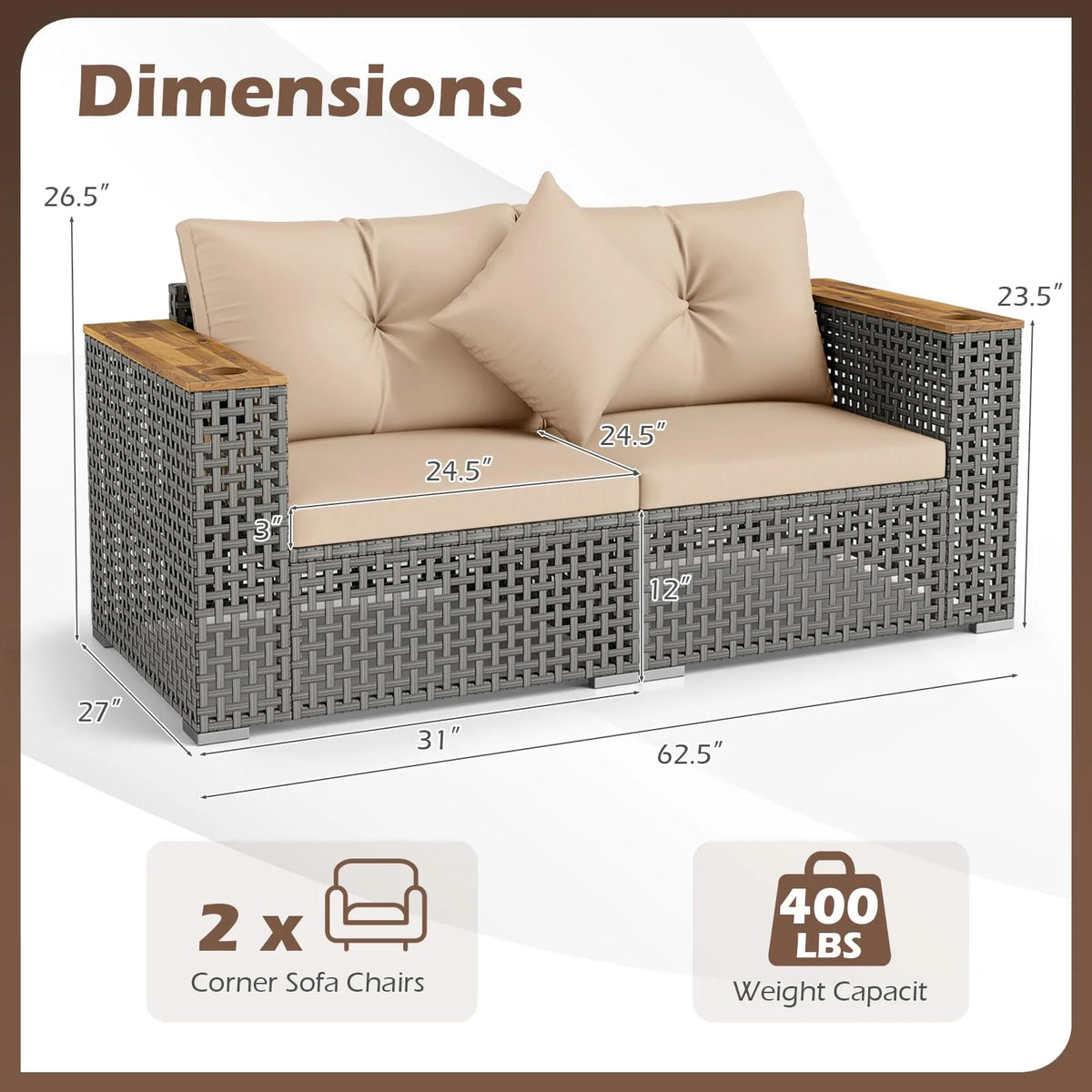 Tangkula 62.5" Large Patio Wicker Loveseat with Acacia Wood Armrests & Cup Holders - Product image 2