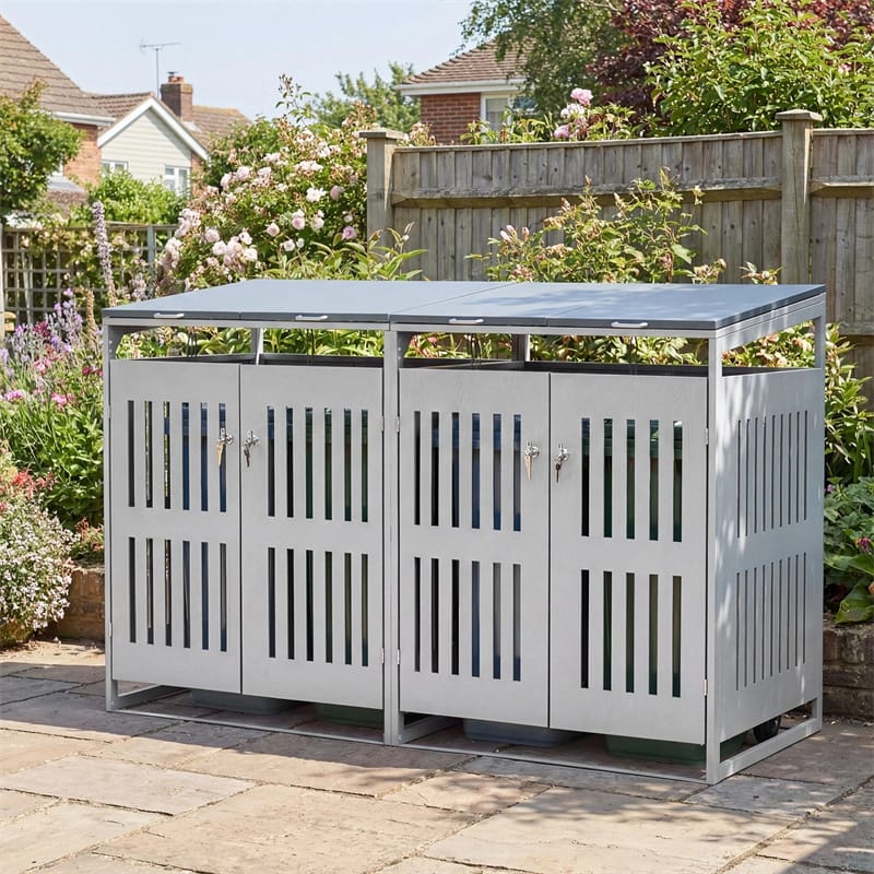 44 Cu.Ft Outdoor Trash Can Storage Shed for 2 Bins, Metal Garbage Can Organizer with Gas Struts, Shock Absorbers, Lockable Doors & Slant-Roof
