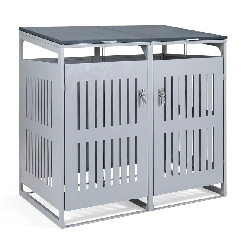 44 Cu.Ft Outdoor Trash Can Storage Shed for 2 Bins, Metal Garbage Can Organizer with Gas Struts, Shock Absorbers, Lockable Doors & Slant-Roof