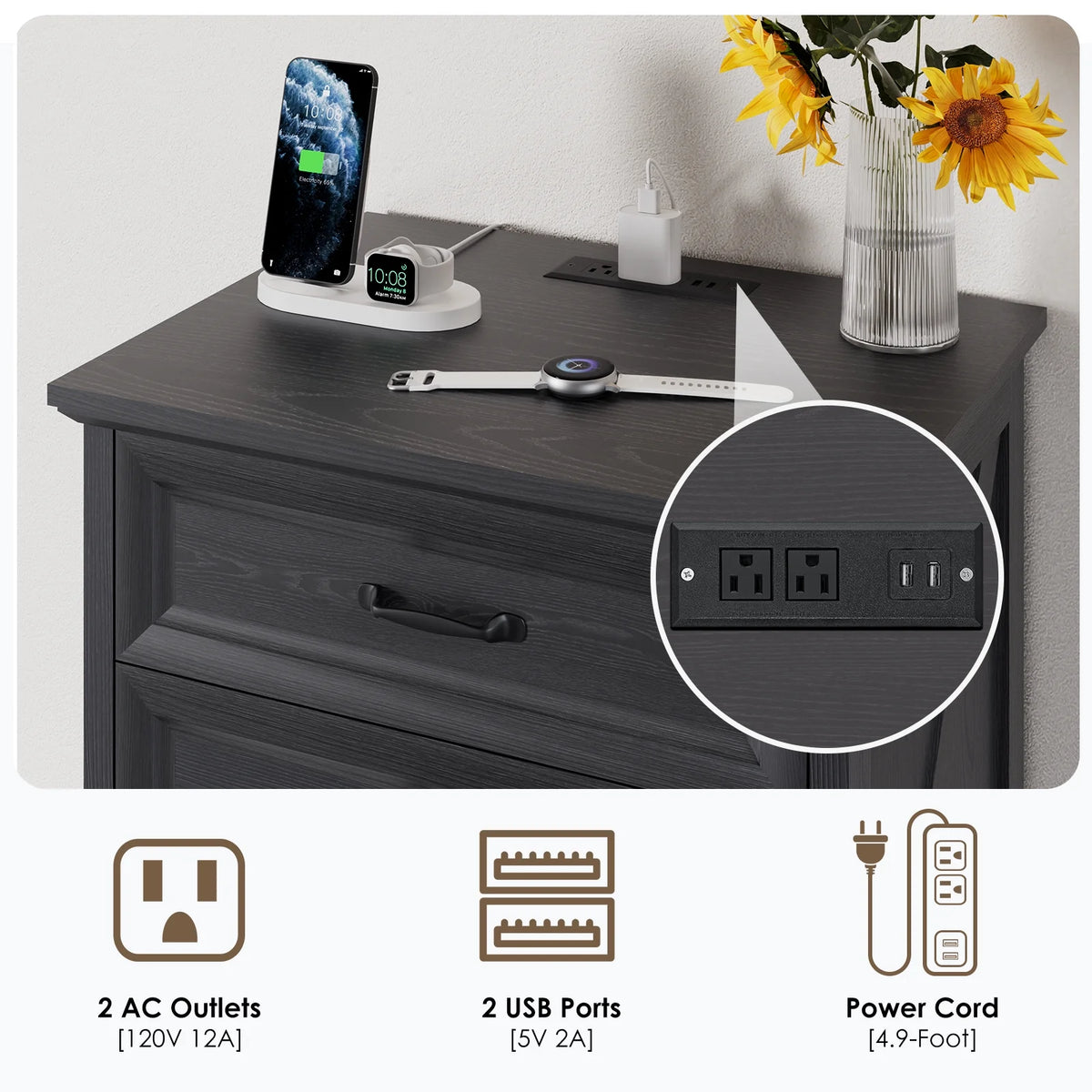 Hommpa Farmhouse 3 Drawers Nightstand with Charging Station, Rustic Wood Night Stand with Drawers for - Product image 27