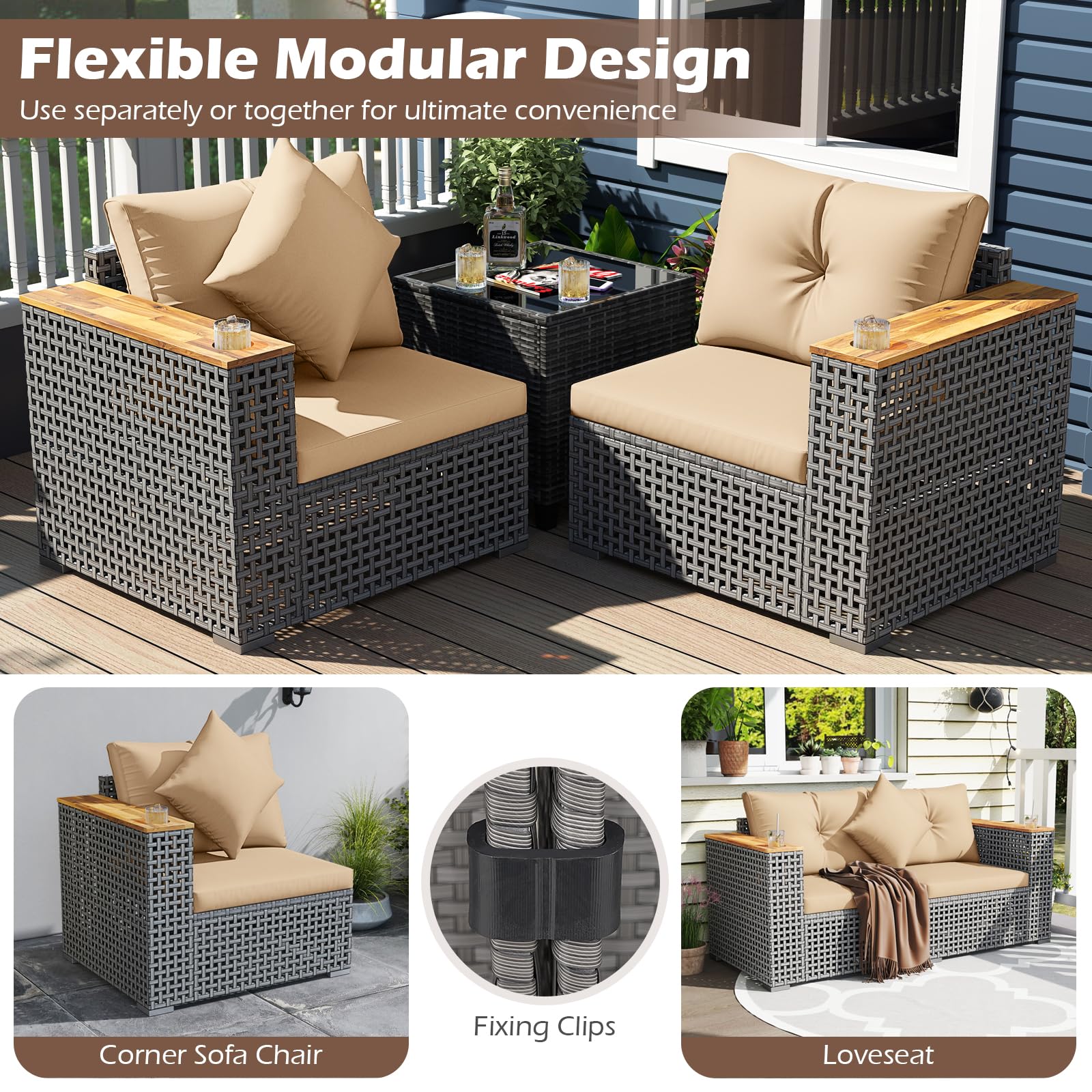 Tangkula 62.5" Large Patio Wicker Loveseat with Acacia Wood Armrests & Cup Holders - Product image 5