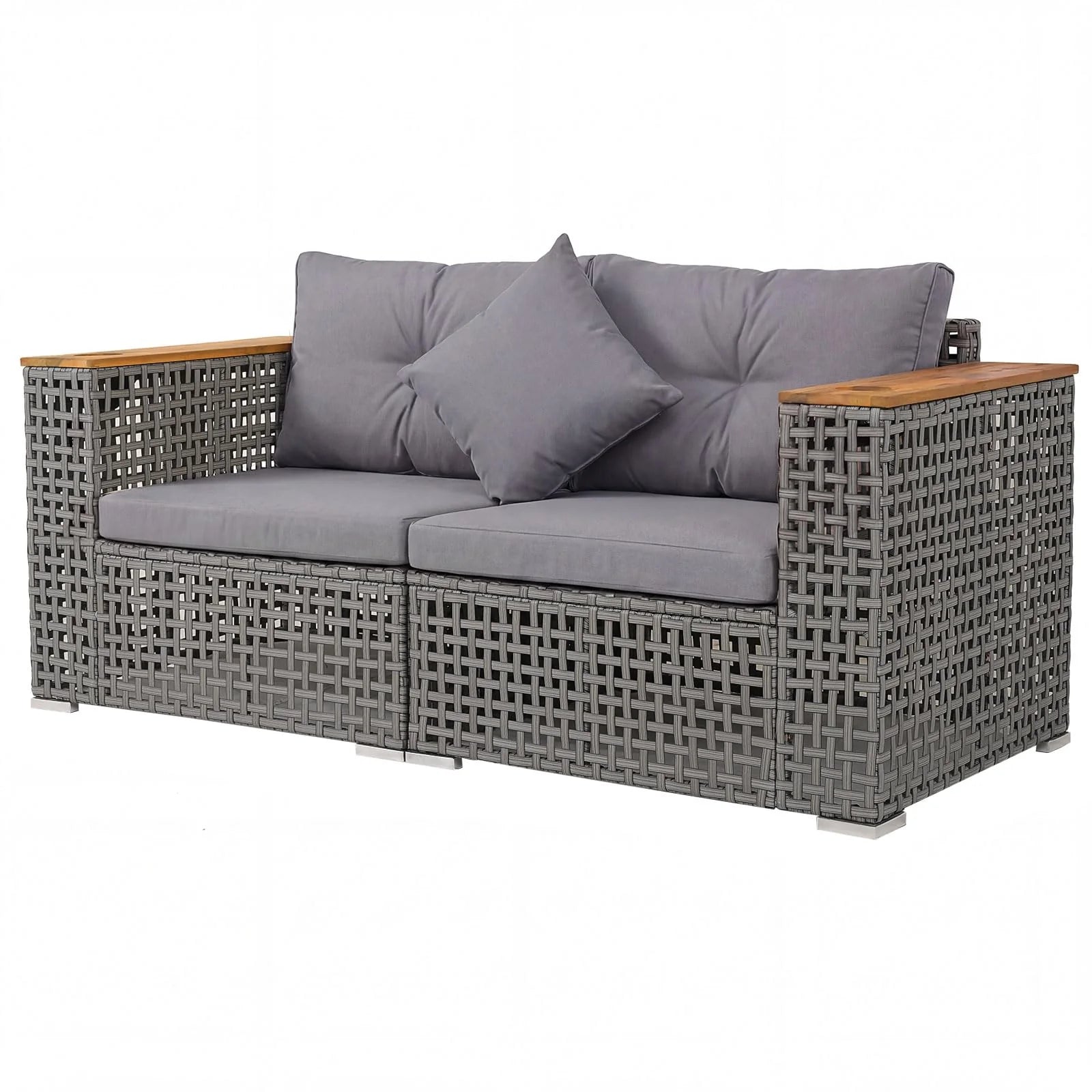 Tangkula 62.5" Large Patio Wicker Loveseat with Acacia Wood Armrests & Cup Holders - Product image 10