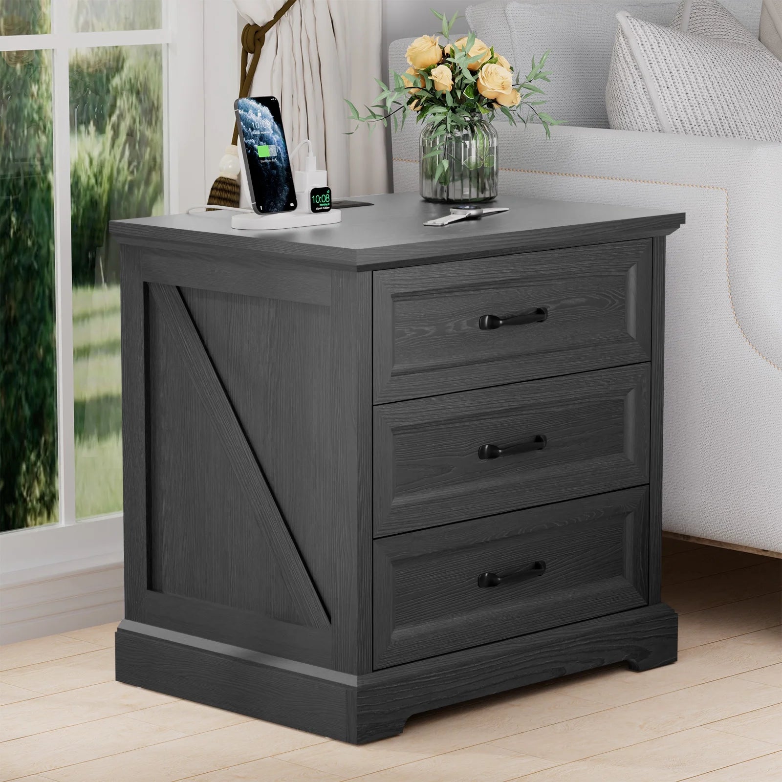 Hommpa Farmhouse 3 Drawers Nightstand with Charging Station, Rustic Wood Night Stand with Drawers for - Product image 28